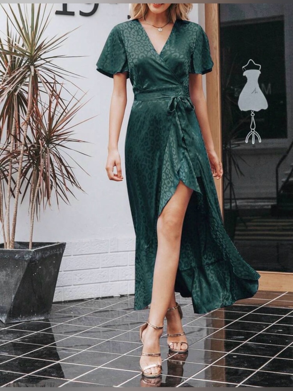 SHEIN Teal Animal-Print Wrap Midi Dress with Ruffle Hem